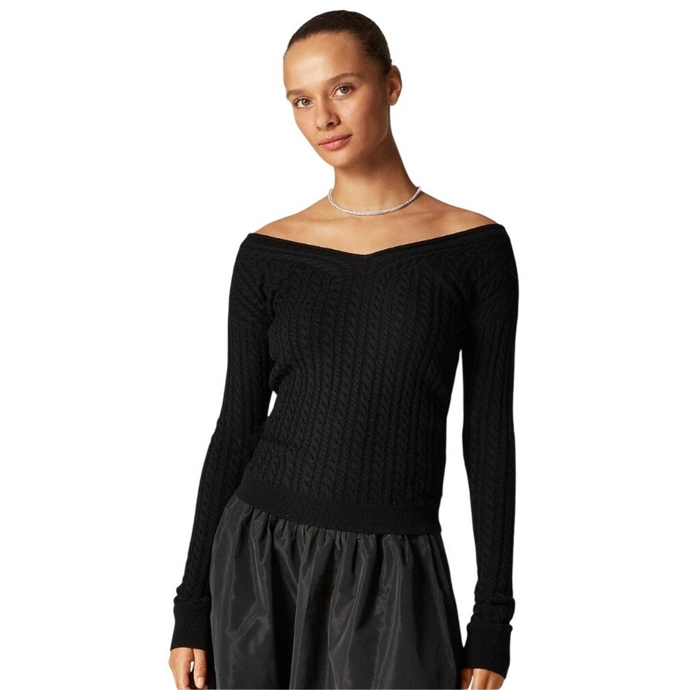 J.Crew Womens‎ Black 100% Merino Wool Cable Knit Off-Shoulder Sweater S NWT $120